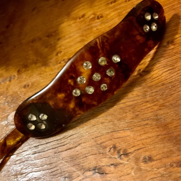 Rare 1930 Art Deco Hair Barrette Celluloid Tortoise Shell w Serious Rhinestones main image 7